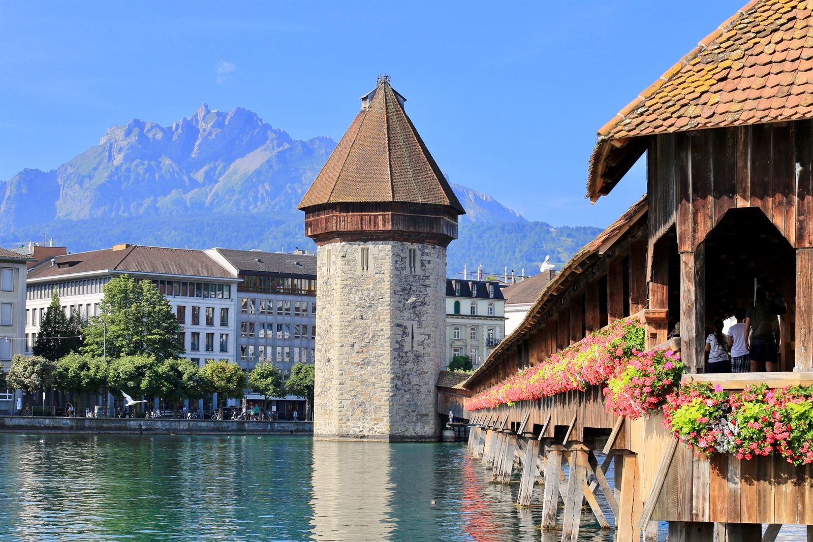 Flower-lined wooden Chapel Bridge and stone water tower in Lucerne with mountains behind